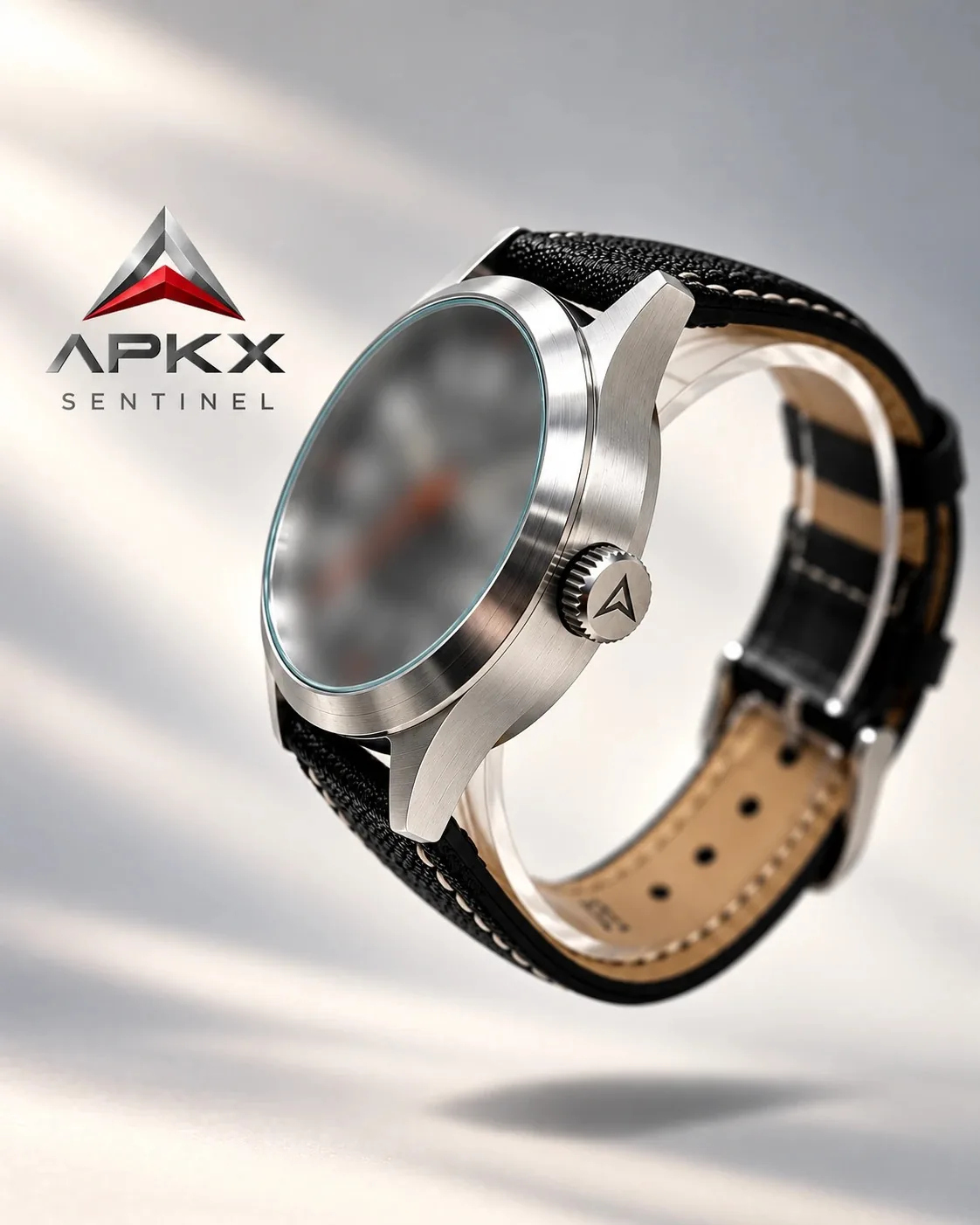 APKX SENTINEL 40mm automatic field watch, angled view with stainless steel case and leather strap