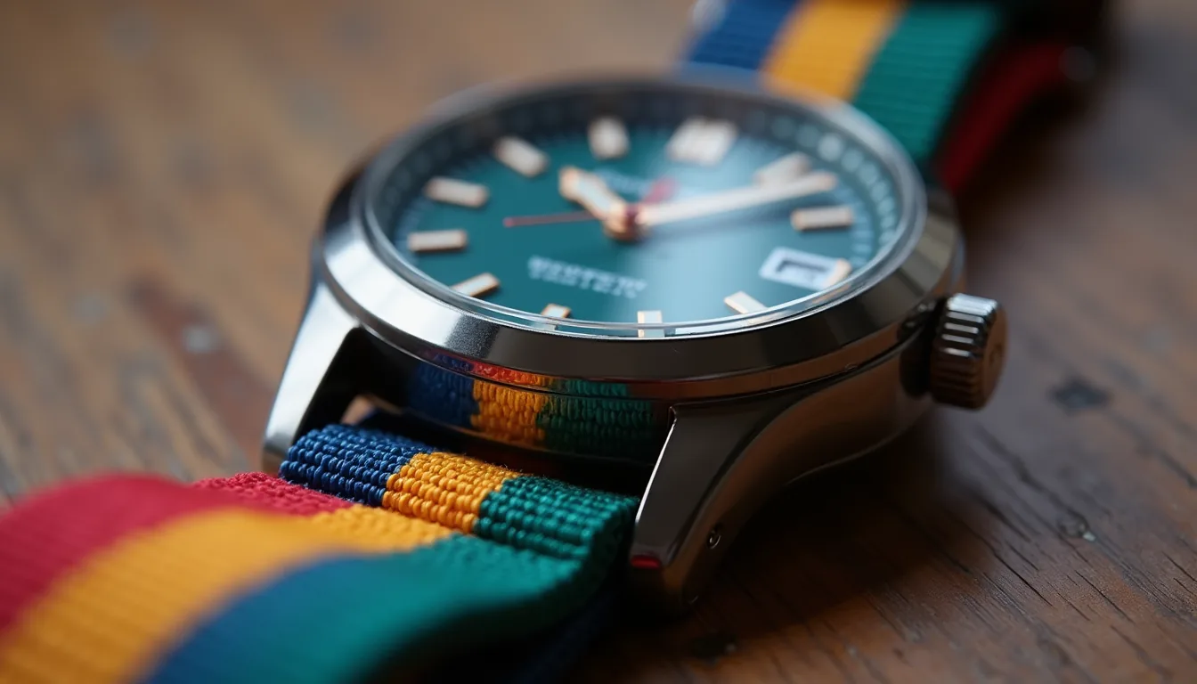 Eye-level view of a colorful NATO strap on a watch