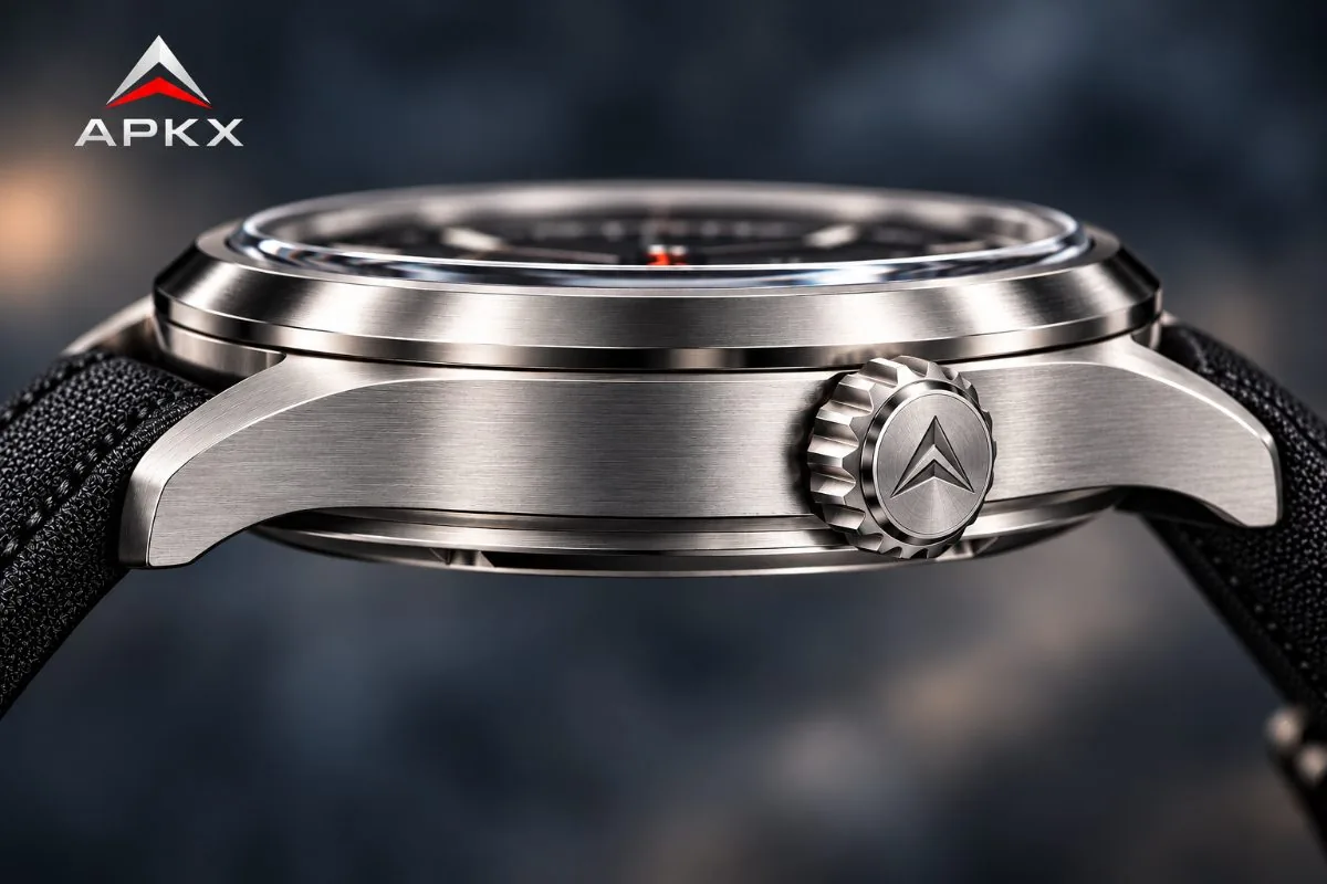 APKX SENTINEL 40mm automatic field watch, side profile with signed crown