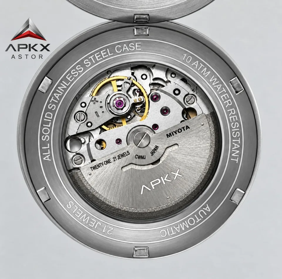 An automatic movement seen through an exhibition caseback