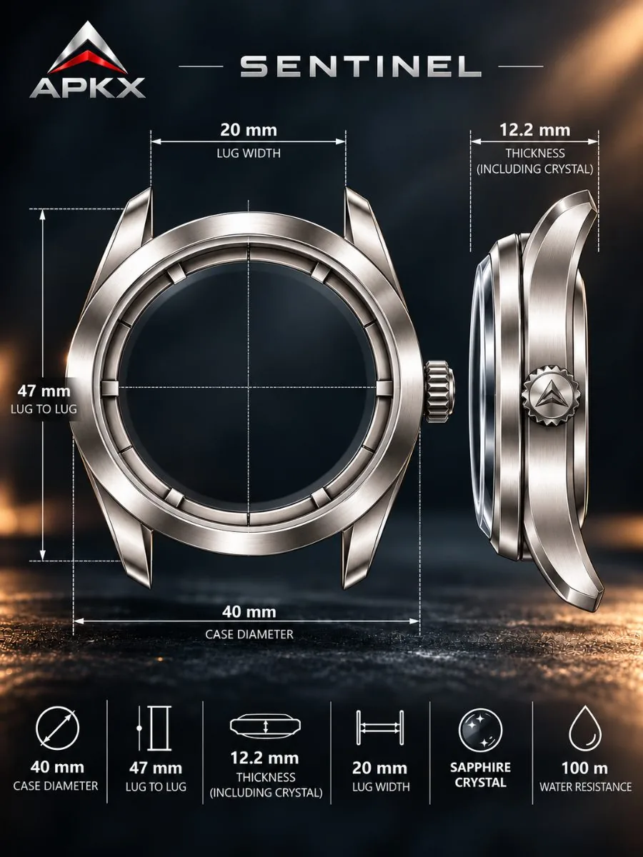 APKX SENTINEL dimensions: 40mm case, 47mm lug to lug, 12.2mm thick, 20mm lugs