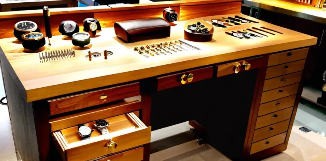 High angle view of a neat watch repair workspace with tools and a wristwatch