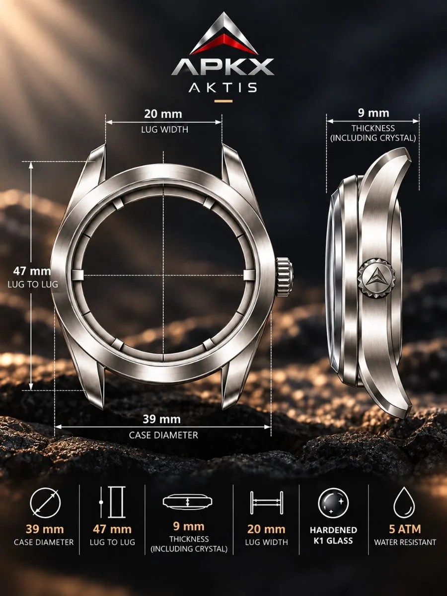 APKX AKTIS dimensions: 39mm case, 9mm thin