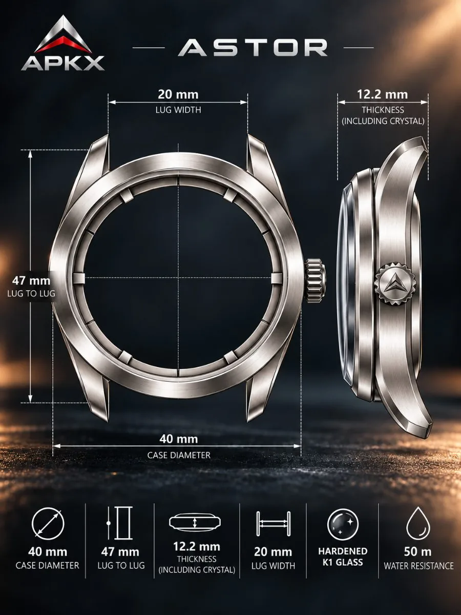 APKX ASTOR dimensions: 40mm case, 47mm lug to lug, 20mm lugs