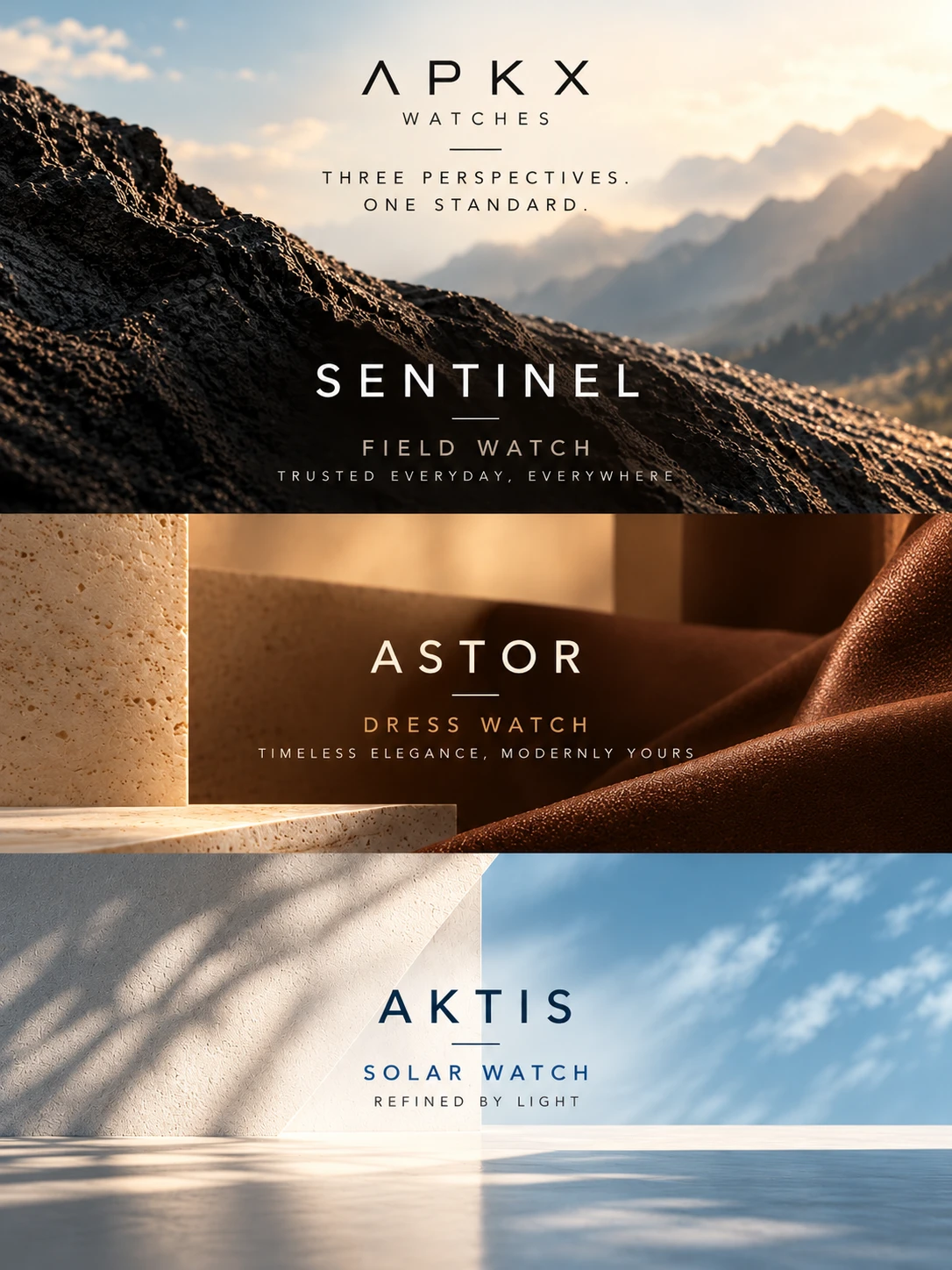 APKX Sentinel field watch, Astor dress watch and Aktis solar watch — three perspectives, one standard